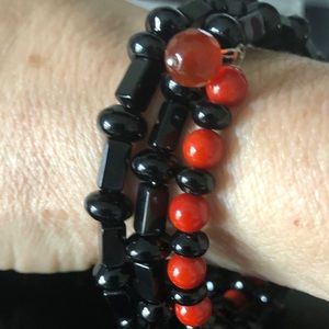 Black Agate, Red Coral & Carnelian Cool Bracelet